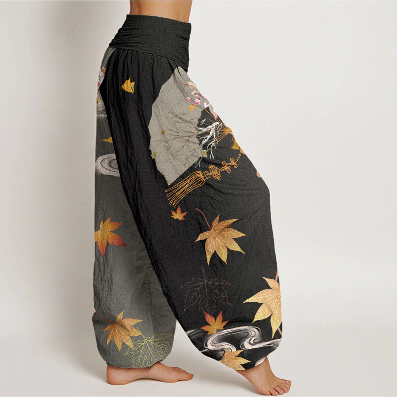 Buddha Stones Cotton Casual Folding Fan Flowers Maple Leaves Cloud Pattern Women's Elastic Waist Harem Pants