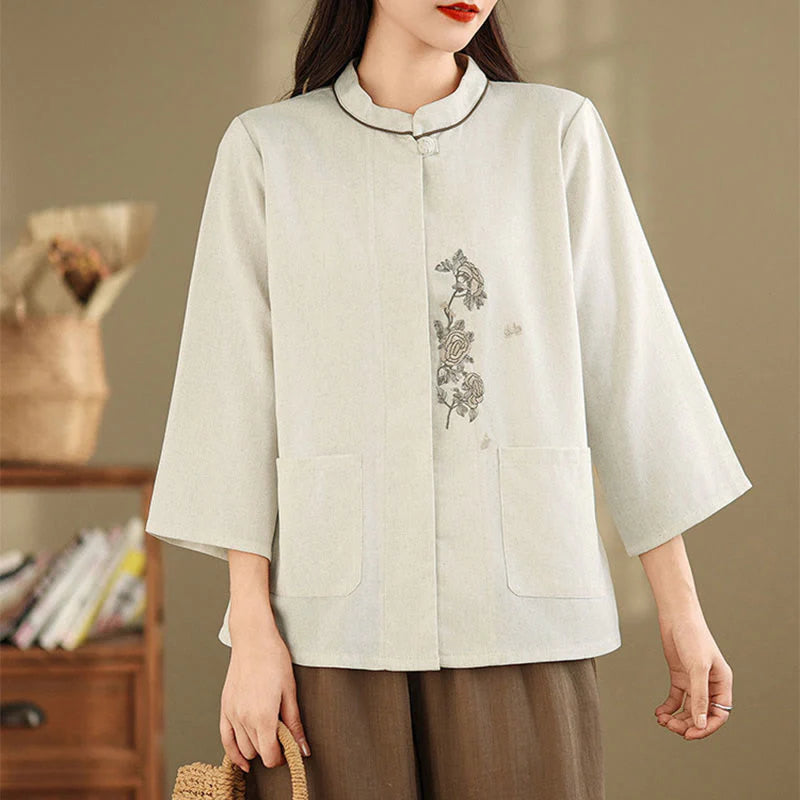 Buddha Stones Commute Embroidery Floral Pattern Three Quarter Sleeve Women's Cotton Shirt With Pockets