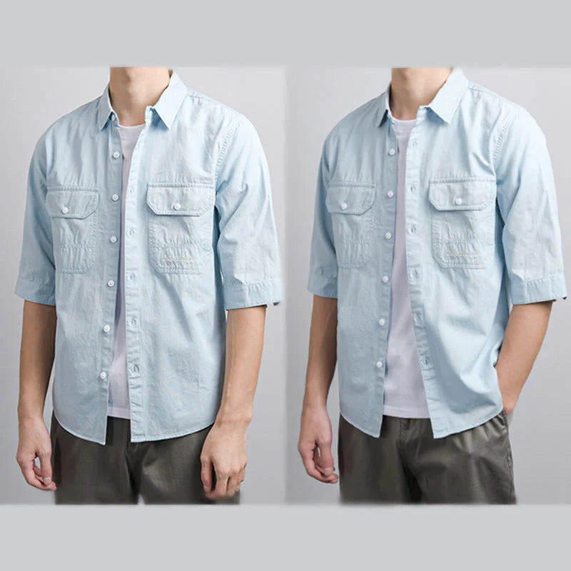 Buddha Stones Summer Buttons Down Two Decorative Pockets Men's Half Sleeve Cotton Shirt
