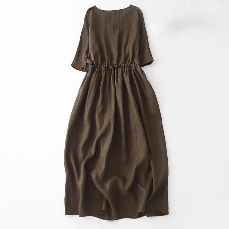 Buddha Stones Vintage Casual Solid Color Pleat Drawstring Design Half Sleeve Cotton Linen Midi Dress With Pockets