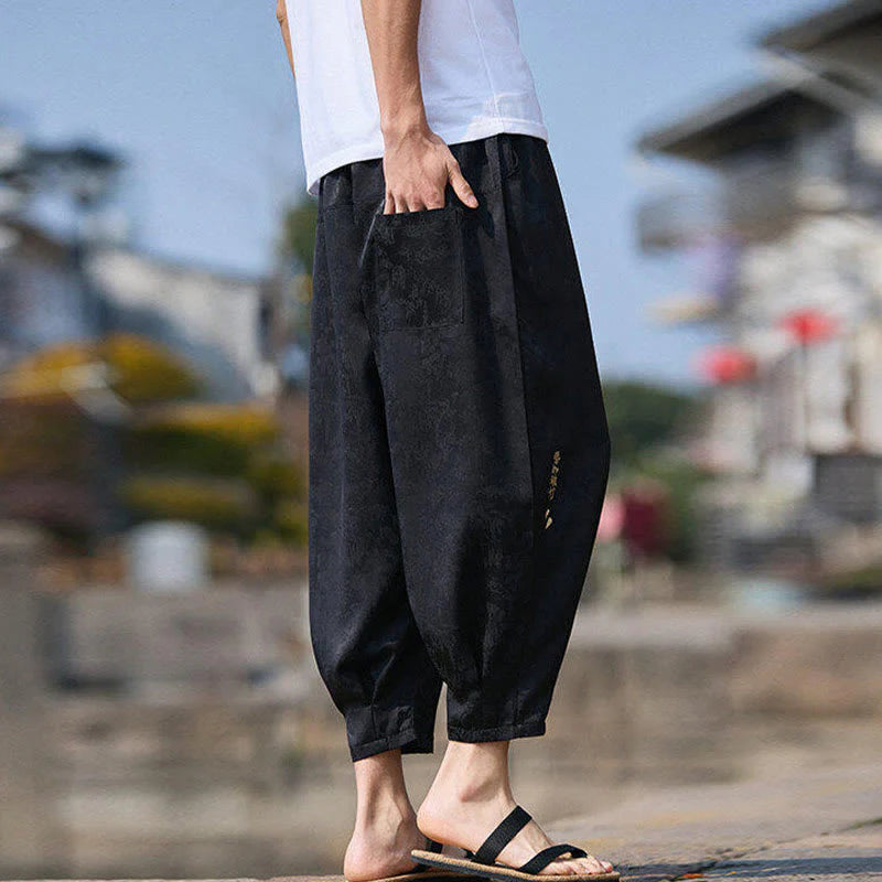 Buddha Stones Summer Character Embroidery Design Drawstring Men's 7-8 Length Pants With Pockets