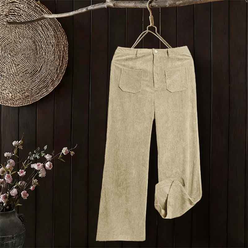 Buddha Stones Plain Corduroy Polyester Women's Buttons Wide Leg Pants With Pockets