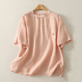 Buddha Stones Casual Embroidery Red Heart Short Sleeve Women's Cotton Linen T-Shirt