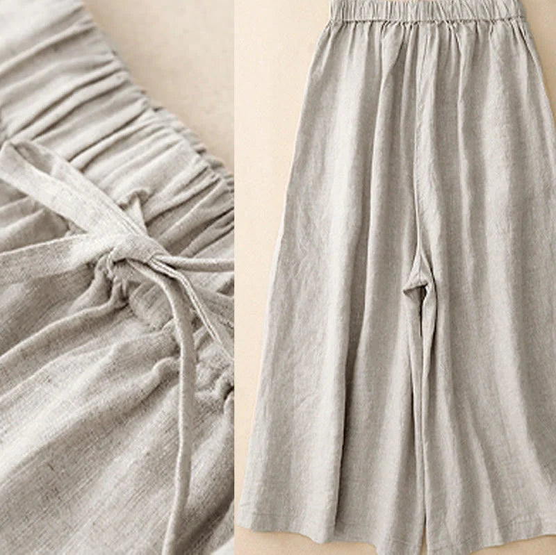 Buddha Stones Summer Elastic Waist Women's Capri Cropped Wide Leg Pants With Pockets