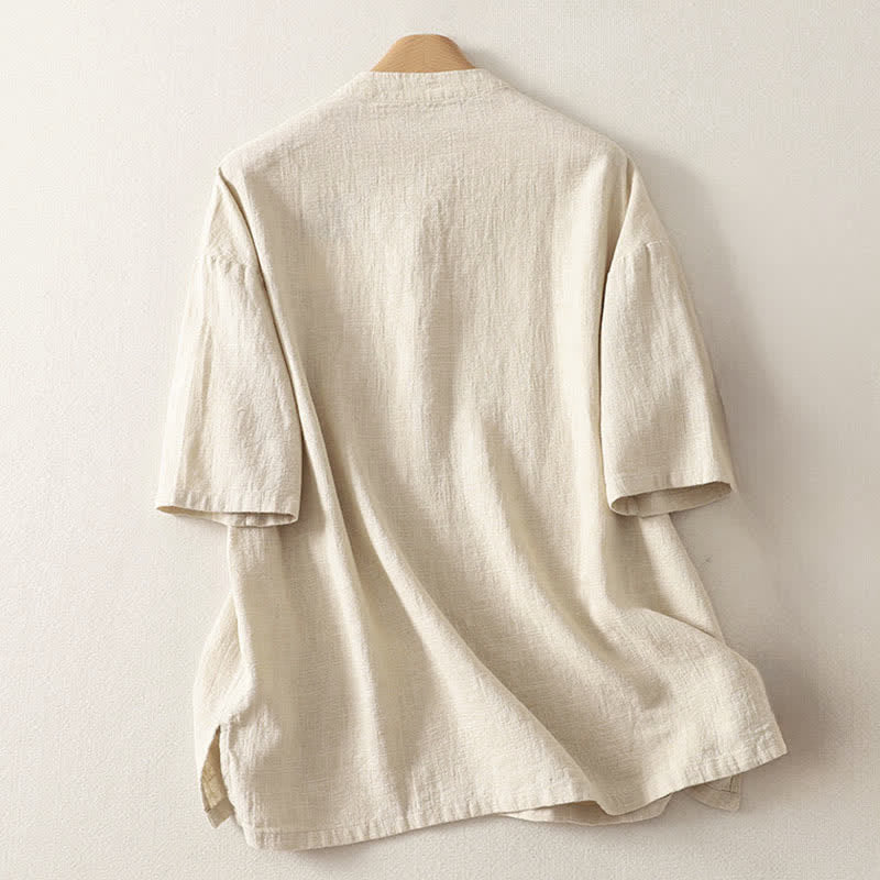 Buddha Stones Summer Stand Collar Buttons Cotton Women's Short Sleeve Shirt
