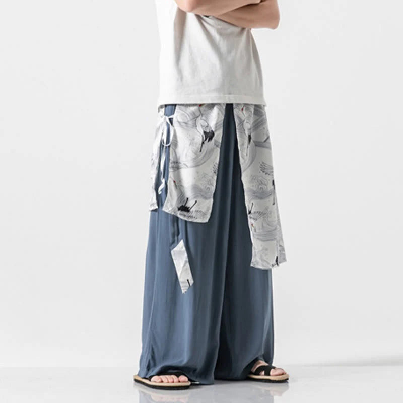 Buddha Stones Summer Flying Crane Design Cotton Men's Wide Leg Pants With Pockets