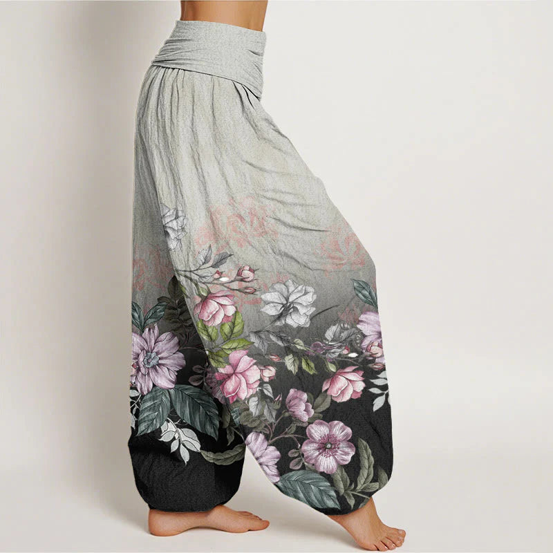Buddha Stones Cotton Casual Gradient Petals Leaves Pattern Women's Elastic Waist Harem Pants