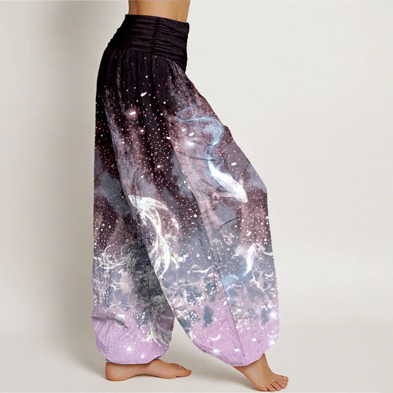 Buddha Stones Cotton Koi Fish Aquatic Pattern Women's Elastic Waist Harem Pants