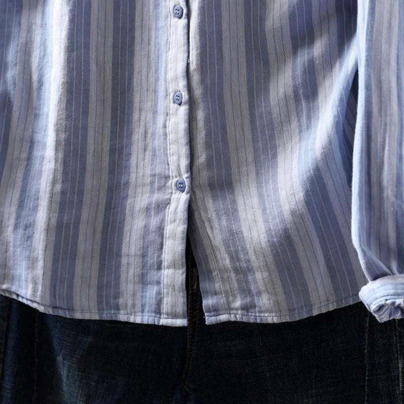 Buddha Stones Fall Vertical Stripes Button Down Stand Collar Long Sleeve Women's Cotton Shirt