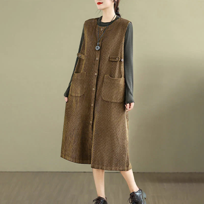Buddha Stones Pure Colo Buttons Sleeveless Midi Dress With Pockets