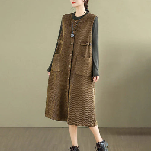 Buddha Stones Pure Colo Buttons Sleeveless Midi Dress With Pockets