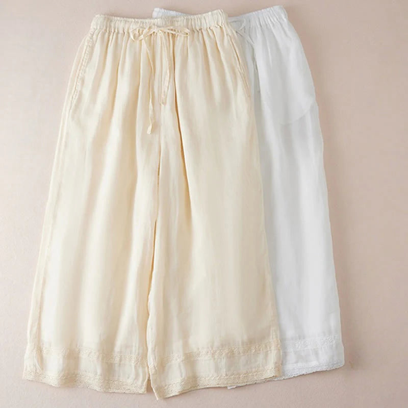 Buddha Stones Casual Lining Design Cotton Women's 7-8 Length Wide Leg Pants With Pockets