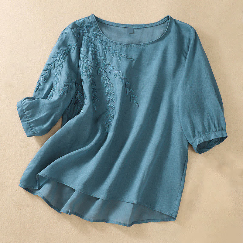Buddha Stones Embroidery Leaves Women's Cotton Linen Half Sleeve T-shirt