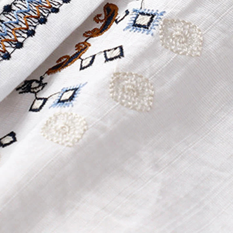 Buddha Stones Casual Women's Bohemia Embroidery Flowers V-Neck Design Half Sleeve Cotton Linen Shirt
