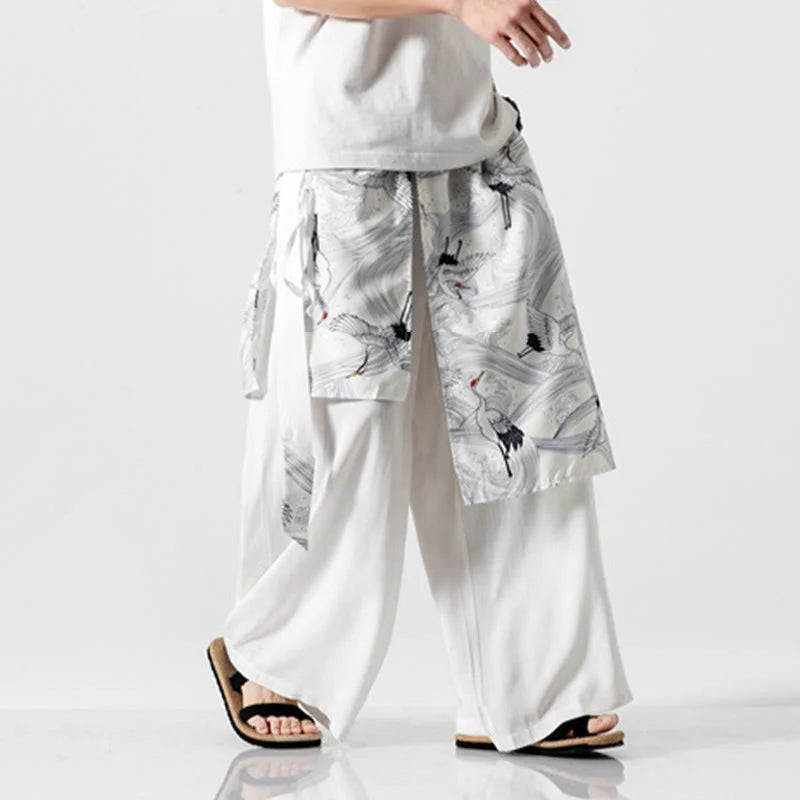 Buddha Stones Summer Flying Crane Design Cotton Men's Wide Leg Pants With Pockets
