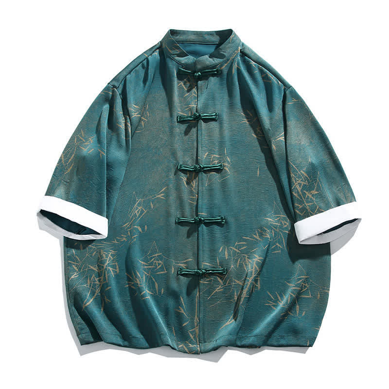 Buddha Stones Summer Bamboo Print Mandarin Collar Frog Buttons Men's Elbow-Length Sleeve Shirt