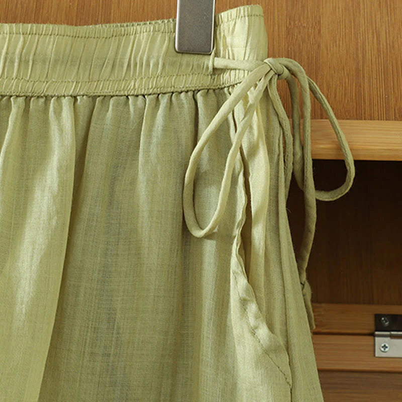 Buddha Stones Casual Plain Lined Ribbon Elastic Women's Polyester Wide Leg Pants With Pockets