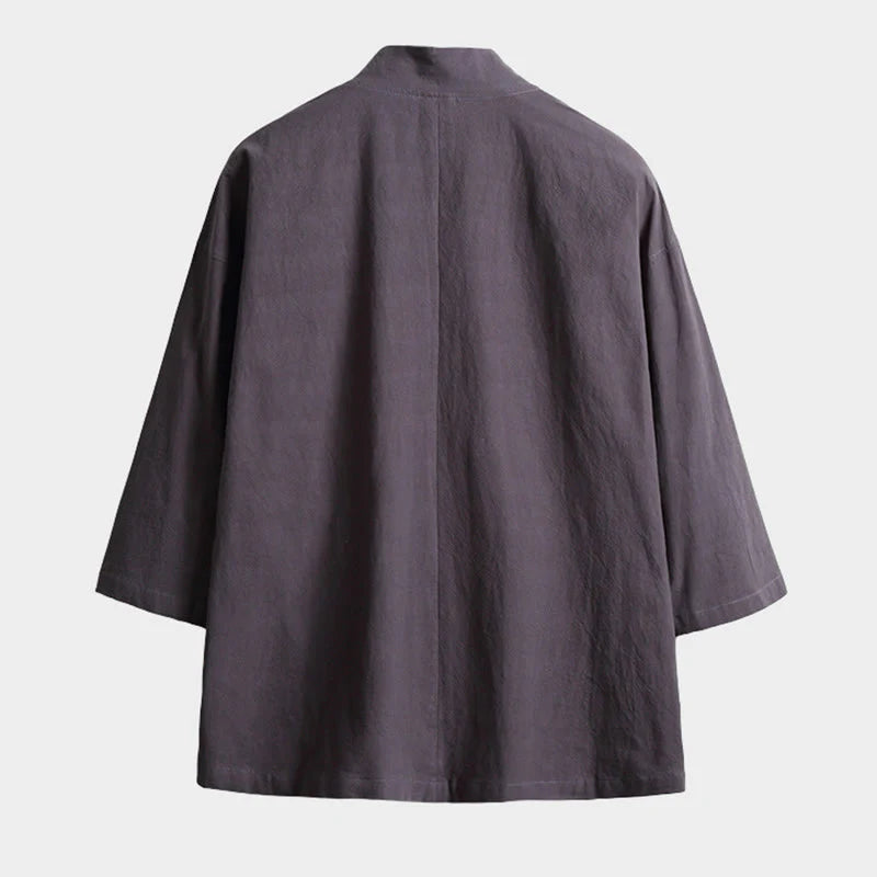 Buddha Stones Solid Color Lace-up Three Quarter Sleeve Open Front Jacket Men's Kimono