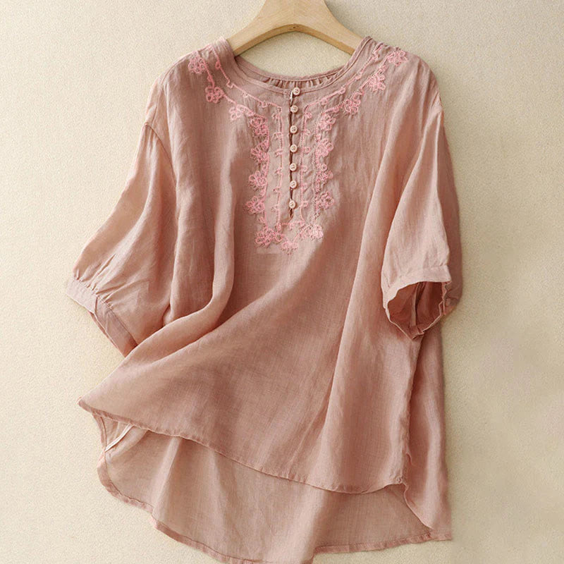 Buddha Stones Casual Women's Plain Frog Buckle Design Half Sleeve Shirt