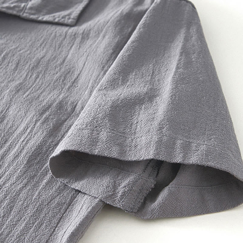 Buddha Stones Vintage Plain Simple Design Men's Short Sleeve Cotton Linen Shirt Clothing With Pockets