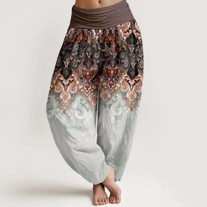 Buddha Stones Paisley Floral Gradient Design Women's Pure Cotton Elastic Waist Harem Pants