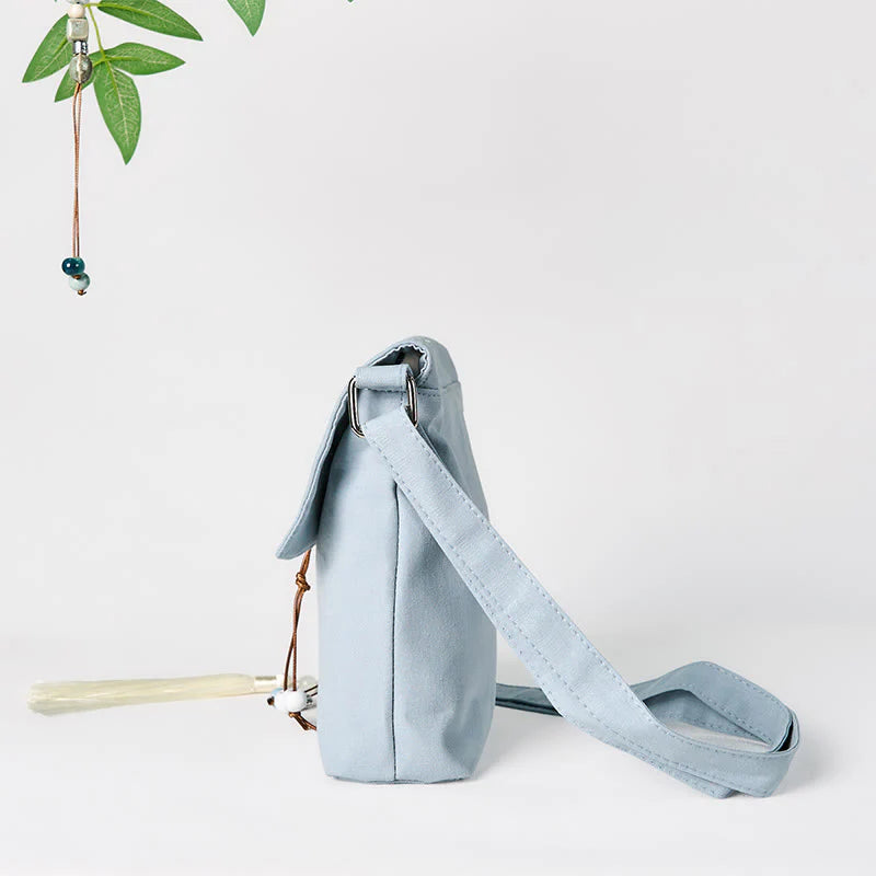Buddha Stones Plain Embroidered LightBlue Epiphyllum Cotton Linen Crossbody Bag Shoulder Bag