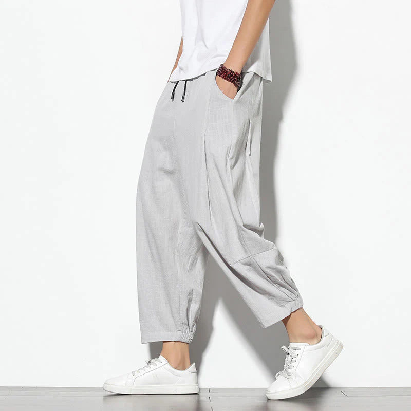 Buddha Stones Summer Men's 7-8 Length Cotton Linen Carrot Pants With Pockets