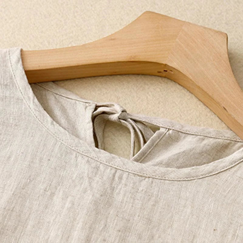 Buddha Stones Casual Short Sleeve Bowknot Tie Straps Women's Midi Dress With Pockets