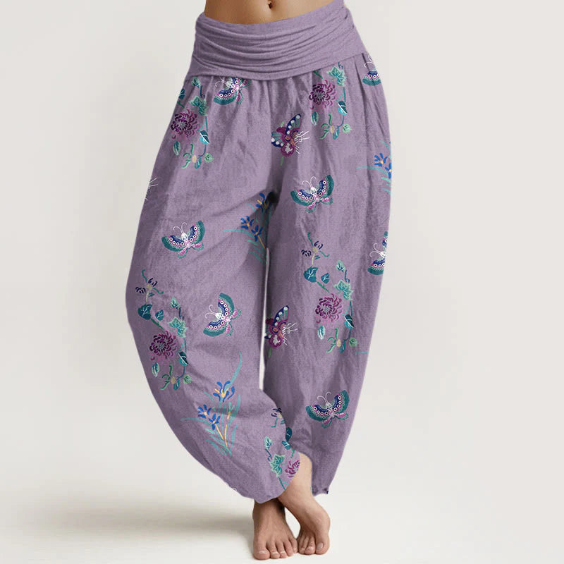 Buddha Stones Pure Cotton Fresh Elegant Butterfly Grass Flower Pattern Women's Elastic Waist Harem Pants
