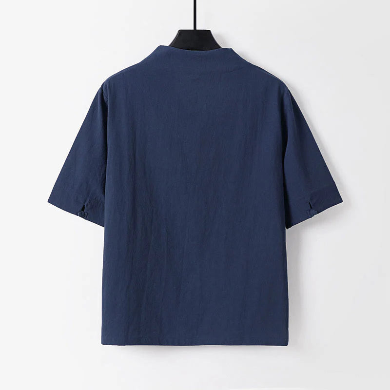 Buddha Stones Summer Simple V-Neck Short Sleeve Cotton Linen Men's Shirt