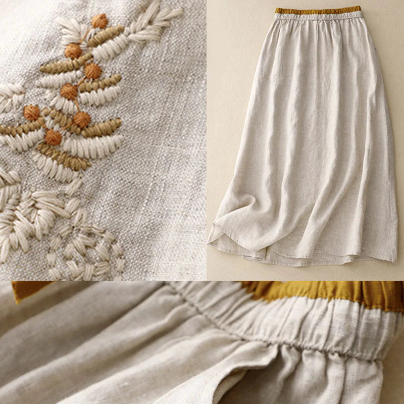 Buddha Stones Vintage Solid Embroidery Drawstring Women's Skirt With Pockets