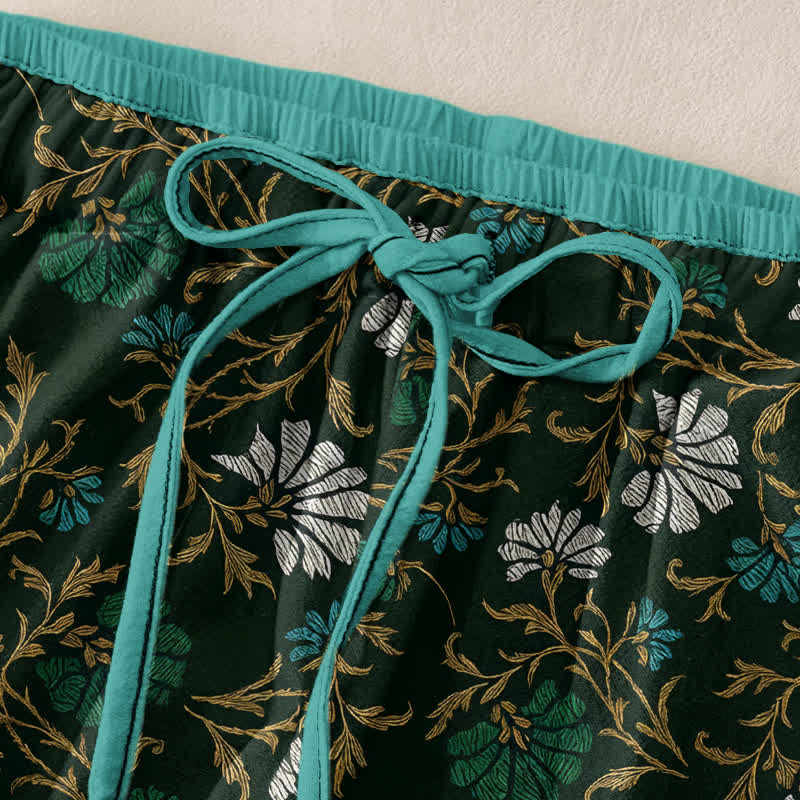 Buddha Stones Flowersl Vine Elastic Waist Drawstring Women's Cotton Pants With Pockets