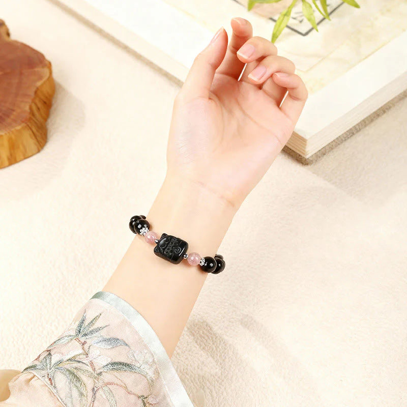 Buddha Stones Cat Silver Sheen Obsidian Strawberry Quartz Protection Bracelet