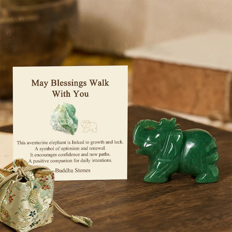 Buddha Stones ''May Blessings Walk With You'' Natural Small Elephant Amazonite Amethyst Jade Black Obsidian Stone Decoration Includes Gift Message Card