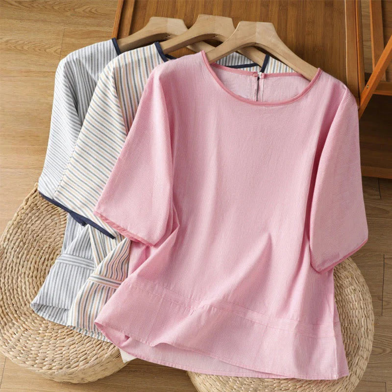 Buddha Stones Pullover Stripes Crew Neck Design Women's Cotton Short Sleeves Shirt