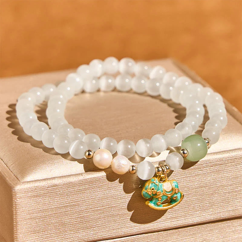 Buddha Stones Year Of The Horse Chrysoberyl Glass Bead Peace Love Double-layered Bracelet