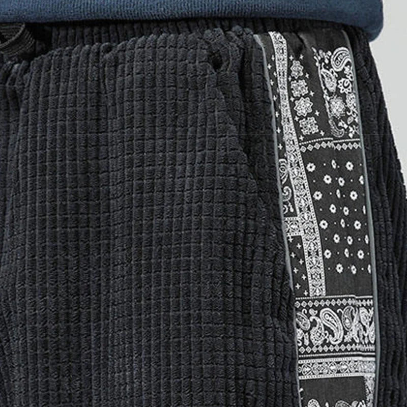 Buddha Stones Fall Solid Drawstring Side Paisley Pattern Straight Leg Ankle-length Corduroy Men's Pants With Pockets