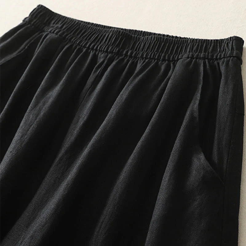 Buddha Stones Summer Daily Solid Color Elastic Waistband Design Women's Wide Leg Cotton Linen Pants With Pockets