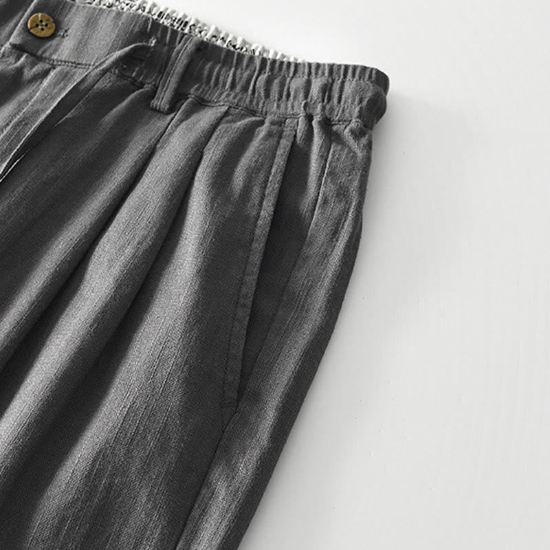 Buddha Stones Fall Solid Drawstring Zipper Men's Linen Wide Leg Pants With Pockets