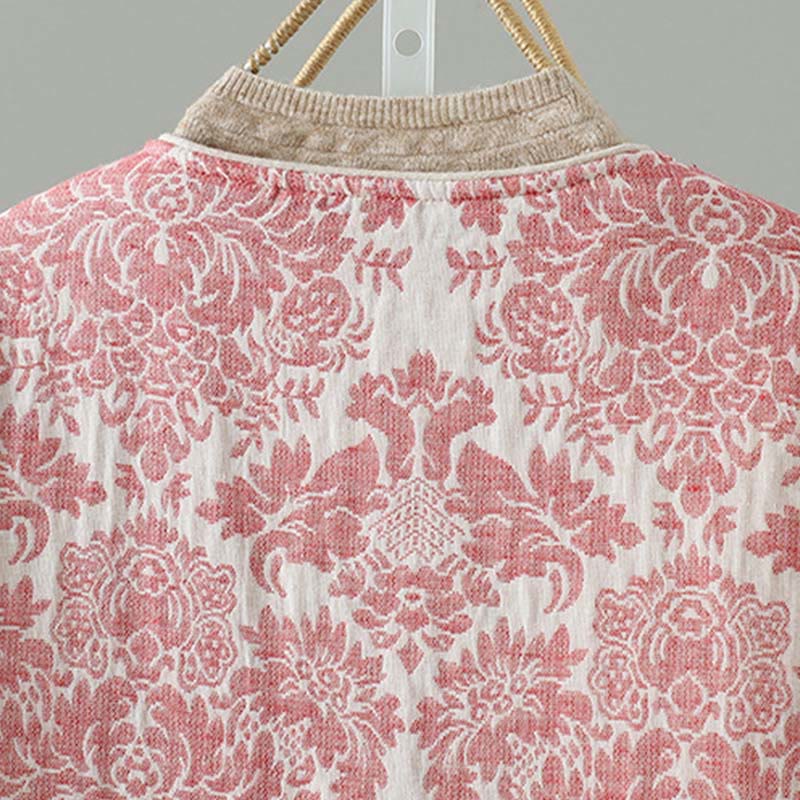 Buddha Stones Women's Peony Flowers Frog-Button Design Long Sleeve Thermal Jacket With Pockets