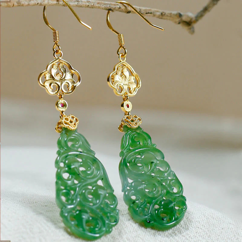 Buddha Stones Hollow Hetian Jade Enamel 925 Sterling Silver Prosperity Earrings