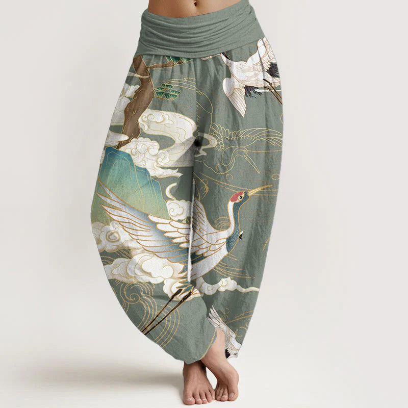 Buddha Stones Pure Cotton Flying Cranes Auspicious Clouds TreeÂ women's Elastic Waist Harem Pants