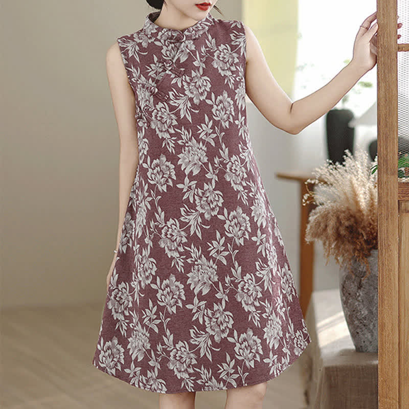 Buddha Stones Frog-button Mandarin Collar Floral Pattern Sleeveless Cotton Mini Dress With Pockets