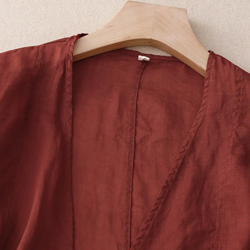 Buddha Stones Summer Plain Long Sleeve Lace-up Open Front Women's Kimono