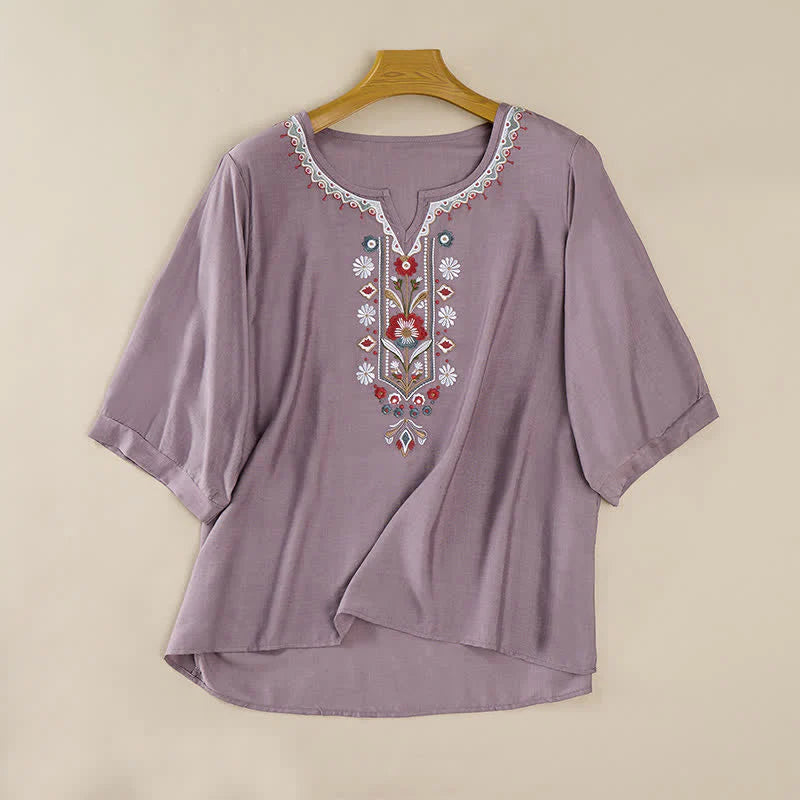 Buddha Stones Spring Boho Embroidered Cotton Linen Elbow-Length Sleeve Women's T-Shirts