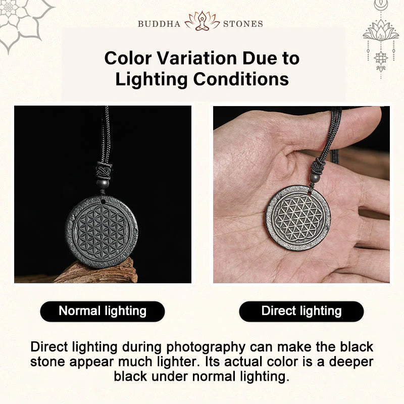Buddha Stones Flower of Life Carving Design Authentic Shungite Stone Protection Necklace Pendant