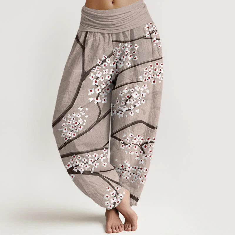 Buddha Stones Cotton Casual Plum Blossom Branch Pattern Women's Elastic Waist Harem Pants