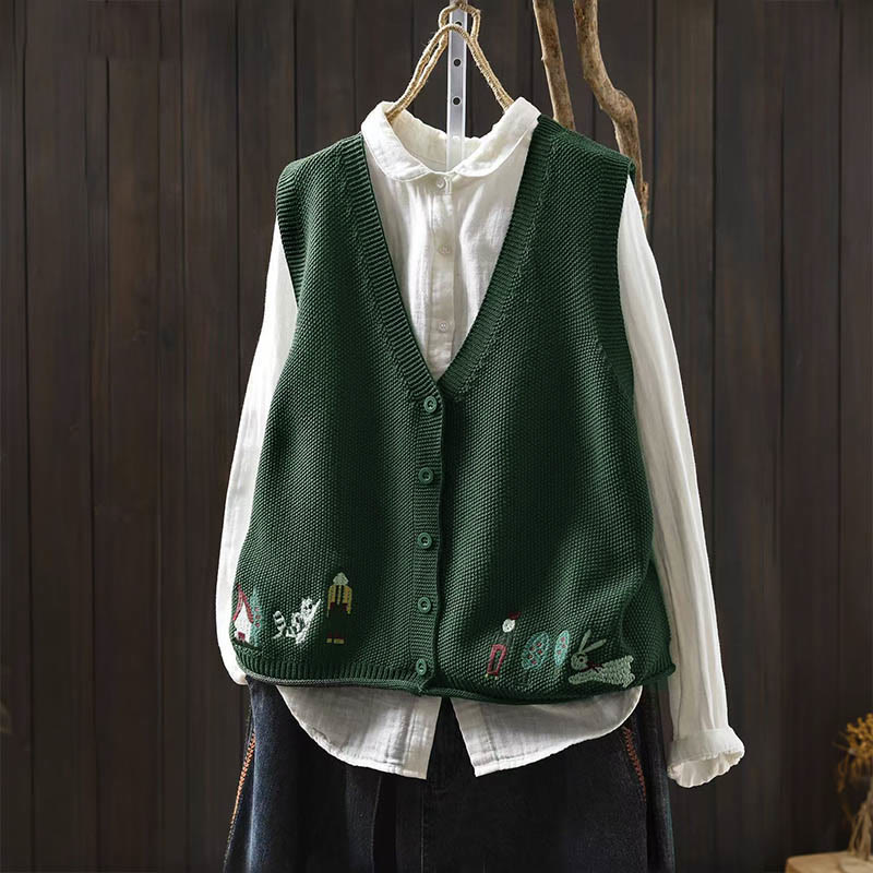 Buddha Stones Figure Rabbit Tree Embroidery Buttons Women's Sleeveless Cotton Knitted Vest Waistcoat