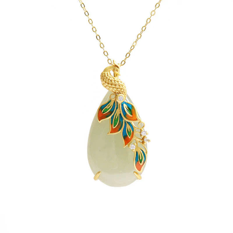 Buddha Stones White Jade Peacock Protection Necklace Chain Pendant