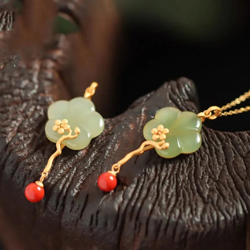 Buddha Stones Vintage Plum Blossom Flower Jade Red Agate Prosperity Necklace Pendant